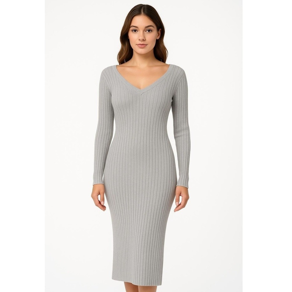 White Mark Winter Collection Dress Womens Medium Gray Ribbed Bodycon V Neck